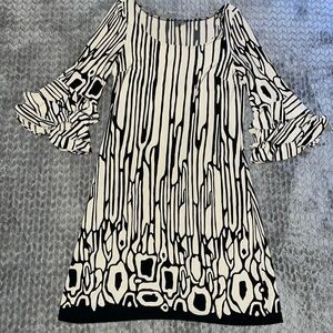 Muse Dress. Size 10. Bell 3 tier Ruffle sleeves. geometric design.